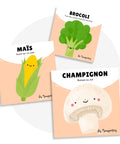 Cartes d’apprentissage bilingues légumes (champignon, maïs, brocoli) dès 2 ans pour pauses actives.