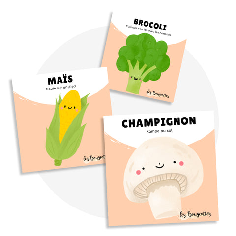 Cartes d’apprentissage bilingues légumes (champignon, maïs, brocoli) dès 2 ans pour pauses actives.