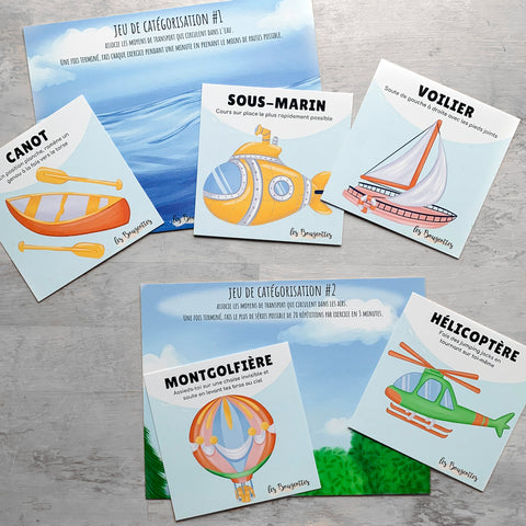 Cartes d’apprentissage actives moyens de transport avec des fiches de jeu de catégorisation pour pauses actives
