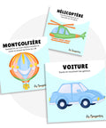 Cartes d’apprentissage actives moyens de transport (hélicoptère, montgolfière, voiture) pour pauses actives dès 2 ans.