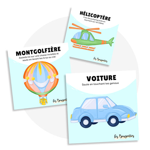Cartes d’apprentissage actives moyens de transport (hélicoptère, montgolfière, voiture) pour pauses actives dès 2 ans.