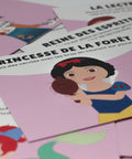 Cartes d’apprentissage bilingues thème princesses (Blanche Neige, Ariel, Belle) pour pauses actives et stimulation du langage dès 4 ans. 