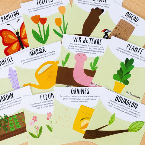 Cartes d’apprentissage actives printemps bilingues, activité ludique pour faire des pauses actives en restant assis et stimuler le langage. 