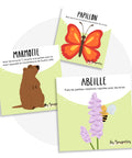 Cartes d’apprentissage actives printemps bilingues (abeille, papillon, marmotte) dès 3 ans pour pauses actives assises.