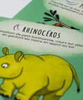 Cartes d’apprentissage actives jungle (rhinocéros, paresseux) pour pauses actives dès 2 ans.