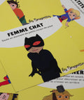 Cartes d’apprentissage actives thématiques super-héros (femme chat, petite harley) pour pauses actives dès 4 ans.
