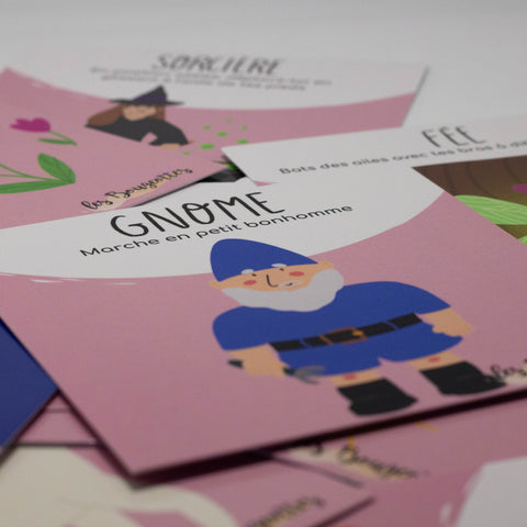 Cartes d’apprentissage bilingues forêt enchantée (gnome, sorcière, fée) dès 2 ans pour pauses actives. 
