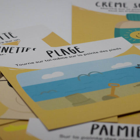 Cartes d’apprentissage actives thématiques été (plage, palmier, lunettes) pour pauses actives pour travailler l'équilibre. 