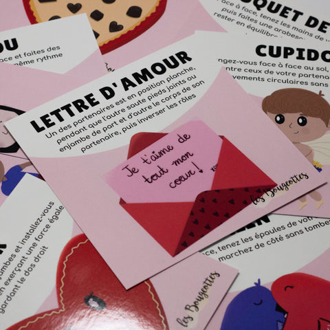 Cartes d’apprentissage actives thématiques Saint-Valentin (lettre d’amour, cupidon, cœurs) pour pauses actives ludiques et langage des enfants.