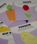 Cartes d’apprentissage actives pâques (poussin, tulipe, carotte) dès 4 ans pour pauses actives avec sauts.
