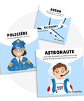 Cartes d’apprentissage actives véhicules de métier (policière, avion, astronaute) dès 4 ans pour pauses actives.