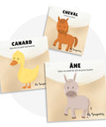 Cartes d’apprentissage animaux de la ferme (cheval, canard, âne) dès 18 mois pour pauses actives. 