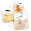 Cartes d’apprentissage animaux de la ferme (cheval, canard, âne) dès 18 mois pour pauses actives. 