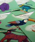 Cartes d’apprentissage actives jungle (gorille, tigre, singe, toucan) pour pauses actives dès 2 ans.