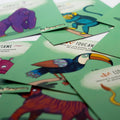 Cartes d’apprentissage actives jungle (gorille, tigre, singe, toucan) pour pauses actives dès 2 ans.