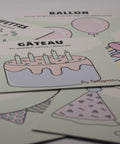 Cartes d’apprentissage actives thématiques anniversaire (gâteau, ballon, confettis) pour pauses actives dès 18 mois