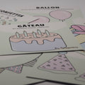 Cartes d’apprentissage actives thématiques anniversaire (gâteau, ballon, confettis) pour pauses actives dès 18 mois