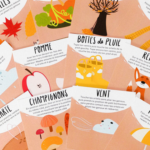 Cartes d’apprentissage actives été (pomme, champignons, feuilles) dès 4 ans pour pauses actives favorisant la coordination.