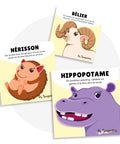 Cartes d’apprentissage bilingues animaux méli mélo (bélier, hérisson,hippopotame) dès 2 ans pour pauses actives. 