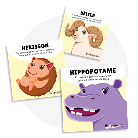 Cartes d’apprentissage bilingues animaux méli mélo (bélier, hérisson,hippopotame) dès 2 ans pour pauses actives. 