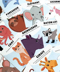 Cartes d’apprentissage bilingues animaux méli mélo (chat, girafe, rhinocéros) dès 2 ans pour pauses actives. 