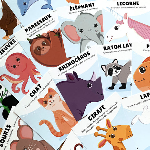 Cartes d’apprentissage bilingues animaux méli mélo (chat, girafe, rhinocéros) dès 2 ans pour pauses actives. 