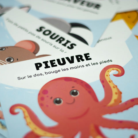 Cartes d’apprentissage bilingues animaux méli mélo (pieuvre, souris) dès 2 ans pour pauses actives. 