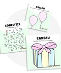 Cartes d’apprentissage bilingues anniversaire (ballon, confettis, cadeau) dès 18 mois pour pauses actives. 