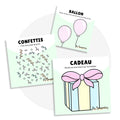 Cartes d’apprentissage bilingues anniversaire (ballon, confettis, cadeau) dès 18 mois pour pauses actives. 