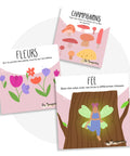 Cartes d’apprentissage bilingues forêt enchantée (champignons, fleurs, fée) dès 2 ans pour pauses actives. 