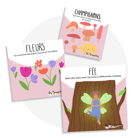Cartes d’apprentissage bilingues forêt enchantée (champignons, fleurs, fée) dès 2 ans pour pauses actives. 