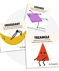 Cartes d’apprentissage bilingues formes (croissant, losange, triangle) dès 2 ans pour pauses actives. 