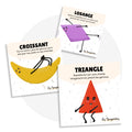 Cartes d’apprentissage bilingues formes (croissant, losange, triangle) dès 2 ans pour pauses actives. 