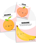 Cartes d’apprentissage bilingues fruits (pêche, orange, banane) dès 2 ans pour pauses actives.