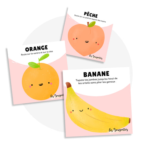 Cartes d’apprentissage bilingues fruits (pêche, orange, banane) dès 2 ans pour pauses actives.
