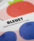 Cartes d’apprentissage bilingues fruits (bleuet) dès 2 ans pour pauses actives.