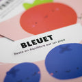 Cartes d’apprentissage bilingues fruits (bleuet) dès 2 ans pour pauses actives.
