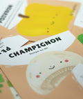 Cartes d’apprentissage bilingues légumes (champignon, poivron) dès 2 ans pour pauses actives.