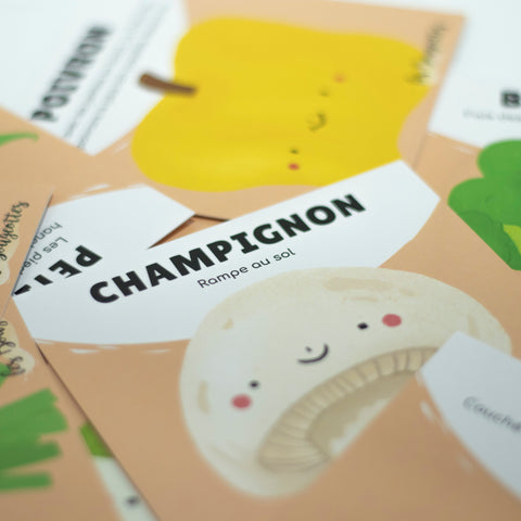 Cartes d’apprentissage bilingues légumes (champignon, poivron) dès 2 ans pour pauses actives.