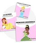 Cartes d’apprentissage bilingues thème princesses (Belle, Cendrillon, Tiana) pour pauses actives et stimulation du langage dès 4 ans. 