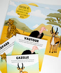 Cartes d’apprentissage bilingues relaxation savane dès 2 ans avec fiches d’association pour yoga et étirements.