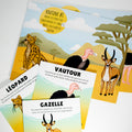 Cartes d’apprentissage bilingues relaxation savane dès 2 ans avec fiches d’association pour yoga et étirements.