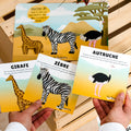 Cartes d’apprentissage bilingues relaxation savane (girafe, zèbre, autruche) dès 2 ans avec fiche de jeu.