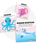 Cartes d’apprentissage bilingues sous l’océan (pieuvre, méduse, requin) dès 2 ans pour apprendre à nager.