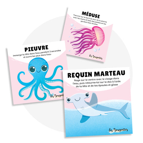 Cartes d’apprentissage bilingues sous l’océan (pieuvre, méduse, requin) dès 2 ans pour apprendre à nager.