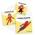 Cartes d’apprentissage bilingues super-héros (Spiderman, Ironman, Wanda) dès 4 ans pour pauses actives.
