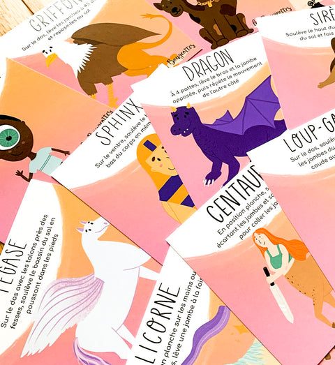Cartes d’apprentissage créatures fantastiques bilingues (dragon, sphinx, centaure) dès 2 ans pour pauses actives. 