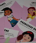 Cartes d’apprentissage bilingues thème princesses (Blanche Neige, Mirabel, Belle) pour pauses actives et stimulation du langage dès 4 ans. 