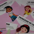 Cartes d’apprentissage bilingues thème princesses (Blanche Neige, Mirabel, Belle) pour pauses actives et stimulation du langage dès 4 ans. 