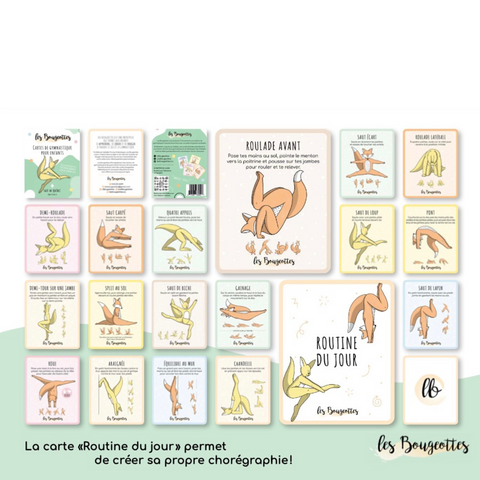 Affichage de cartes de gymnastique pour enfants de 4 ans et plus contenant des mouvements de gymnastique à faire au sol de niveau intermédiaire et expert.